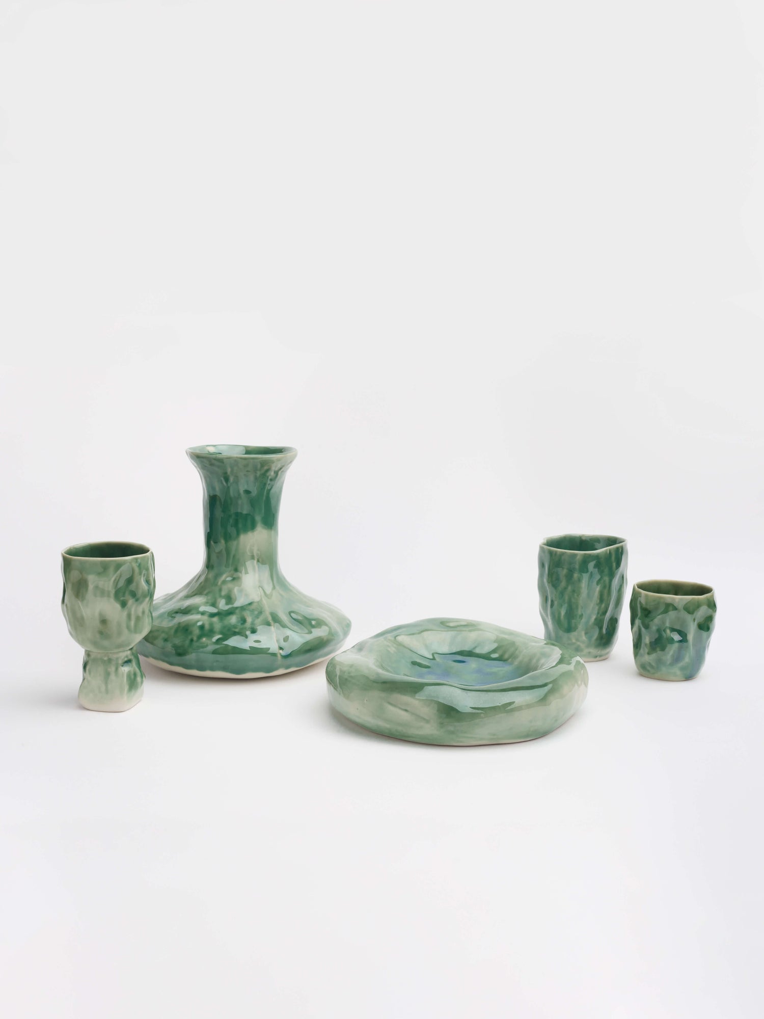 Clara Álvarez Set. Sake Jug, Plate, Cup and Vase Front